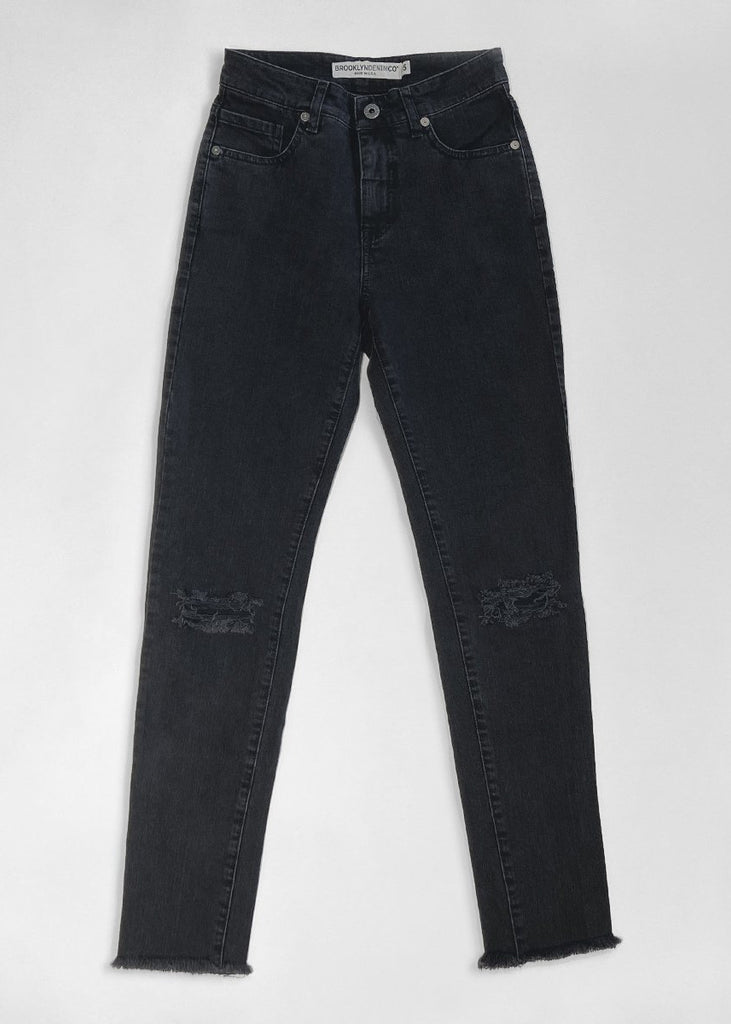 These Brooklyn Denim Co. high waisted skinny jeans are a slim throughout and have the classic 5-pocket zip fly style.

99% Cotton and 1% Elastane
11 oz Stretch Cone Mills Denim
Worn at the knees
Frayed hem
High Waisted stretch jeans
Skinny
Made in USA