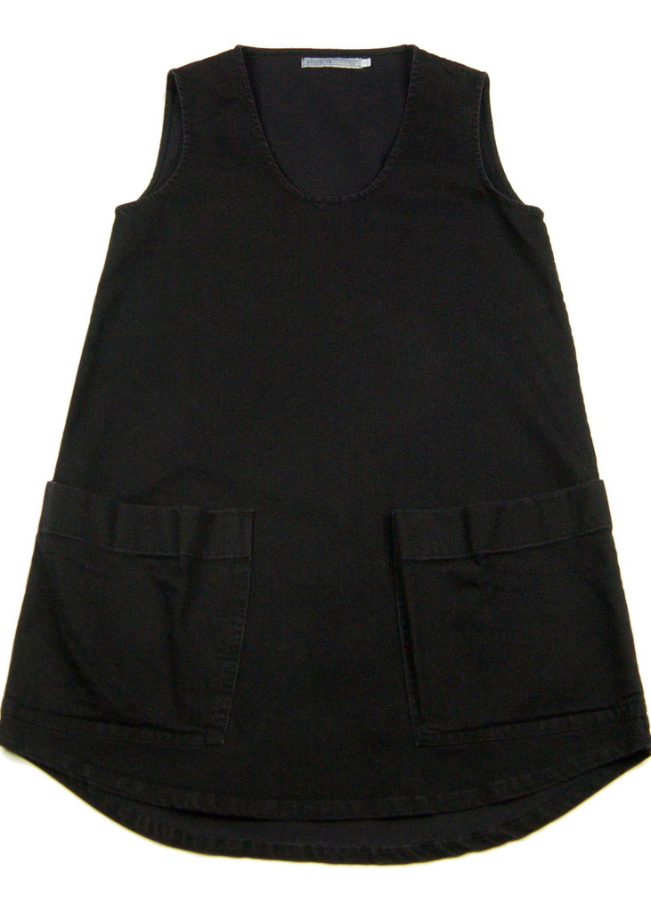 Balanced proportions in a swing short tunic make this a go to jumper we offer in a variety of fabrics. Scoop neck, sleeveless with large front pocket and clean lines for a versatile wardrobe item.

Washed black stretch denim