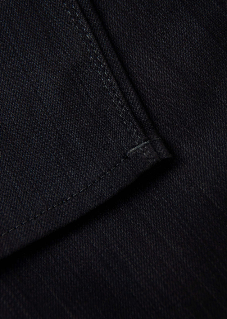 Vintage weave "STAY BLACK" black/black denim. This coveted fabric will truly fade 2 times slower than other black/black denim on the market.

Runs 2 sizes larger than normal.

Fit : mid rise, slim taper. Not skinny.
Fabric : 11oz Black warp with a Black weft
62% cotton 33% modal 2% eme 3% lycra
Finish : Dry and unwashed
Will shrink 2” if laundered and dried. Just the nature of the fabric.