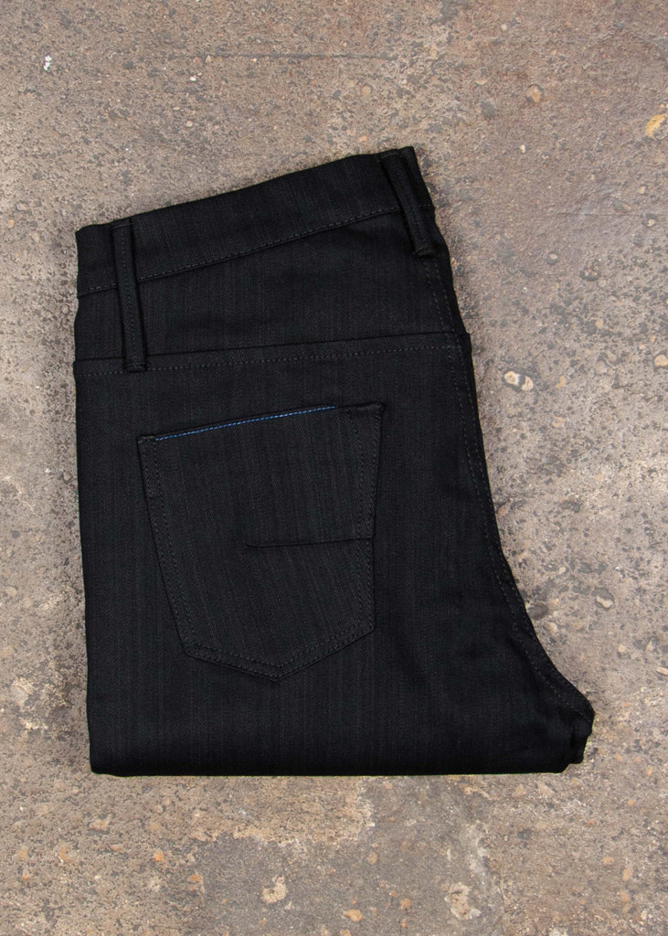 Vintage weave "STAY BLACK" black/black denim. This coveted fabric will truly fade 2 times slower than other black/black denim on the market.

Runs 2 sizes larger than normal.

Fit : mid rise, slim taper. Not skinny.
Fabric : 11oz Black warp with a Black weft
62% cotton 33% modal 2% eme 3% lycra
Finish : Dry and unwashed
Will shrink 2” if laundered and dried. Just the nature of the fabric.
