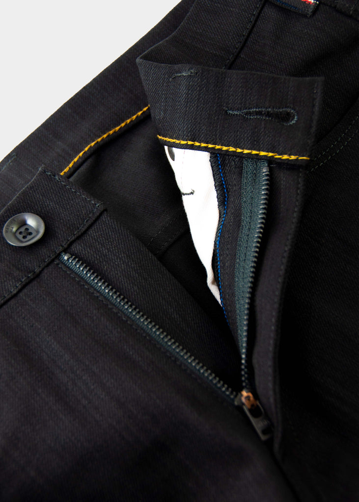 Vintage weave "STAY BLACK" black/black denim. This coveted fabric will truly fade 2 times slower than other black/black denim on the market.

Runs 2 sizes larger than normal.

Fit : mid rise, slim taper. Not skinny.
Fabric : 11oz Black warp with a Black weft
62% cotton 33% modal 2% eme 3% lycra
Finish : Dry and unwashed
Will shrink 2” if laundered and dried. Just the nature of the fabric.