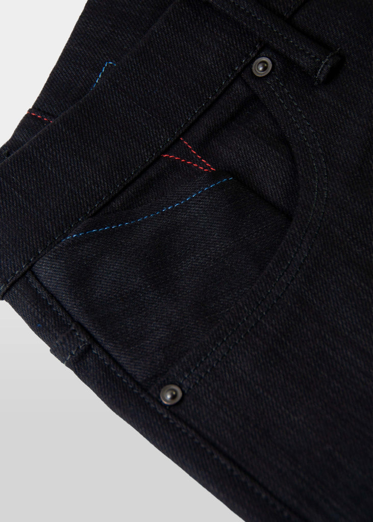 Vintage weave "STAY BLACK" black/black denim. This coveted fabric will truly fade 2 times slower than other black/black denim on the market.

Runs 2 sizes larger than normal.

Fit : mid rise, slim taper. Not skinny.
Fabric : 11oz Black warp with a Black weft
62% cotton 33% modal 2% eme 3% lycra
Finish : Dry and unwashed
Will shrink 2” if laundered and dried. Just the nature of the fabric.