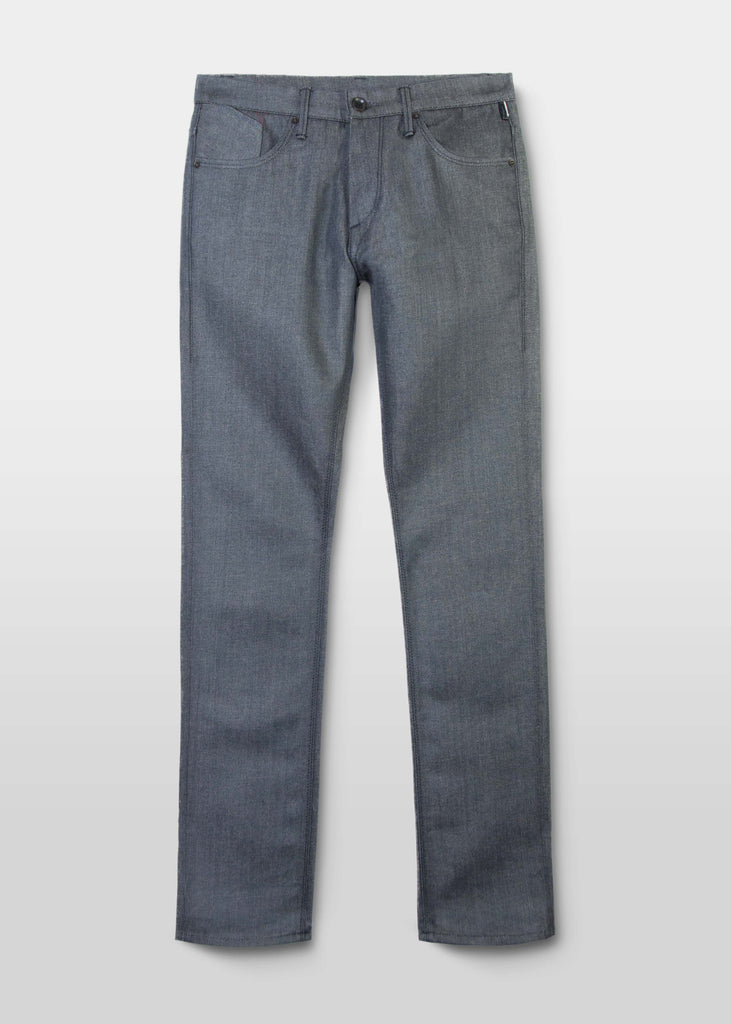 This is the grey version of Matias' proprietary RUNN fabric from Candiani Mills in Milan!

Hence, this sleek, flat fabric is only available to us!

Runs 2 sizes larger than normal.

Fit : mid rise, slim taper. Not skinny.
Fabric : 11oz Grey sulfur dyed warp with a natural weft Candiani 98% cotton ; 2% elastane NON SELVAGE
Finish : resin coated 