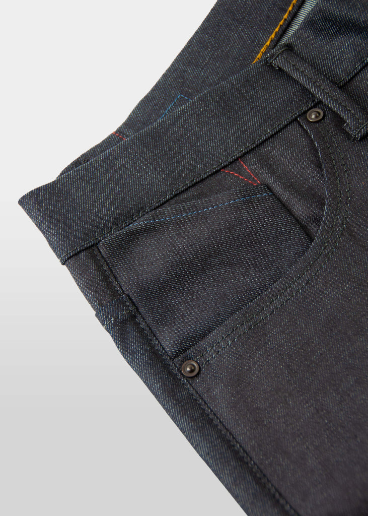 "Think of it as a great start to a “new-vintage” pair of jeans...I digress.. they’re fu*ing cool and unlike anything else you’ll ever find." A more classic fit from an avant-garde designer, this jean has all of the nuanced detailing that you crave from Matias. These jeans are anything but ordinary, the piece that you will obsess over for years to come!

Mid rise
Slim taper. Not skinny.
11oz indigo warp with a natural weft Candiani 98% cotton ; 2% elastane
Resin coated
Unwashed
14.5" L