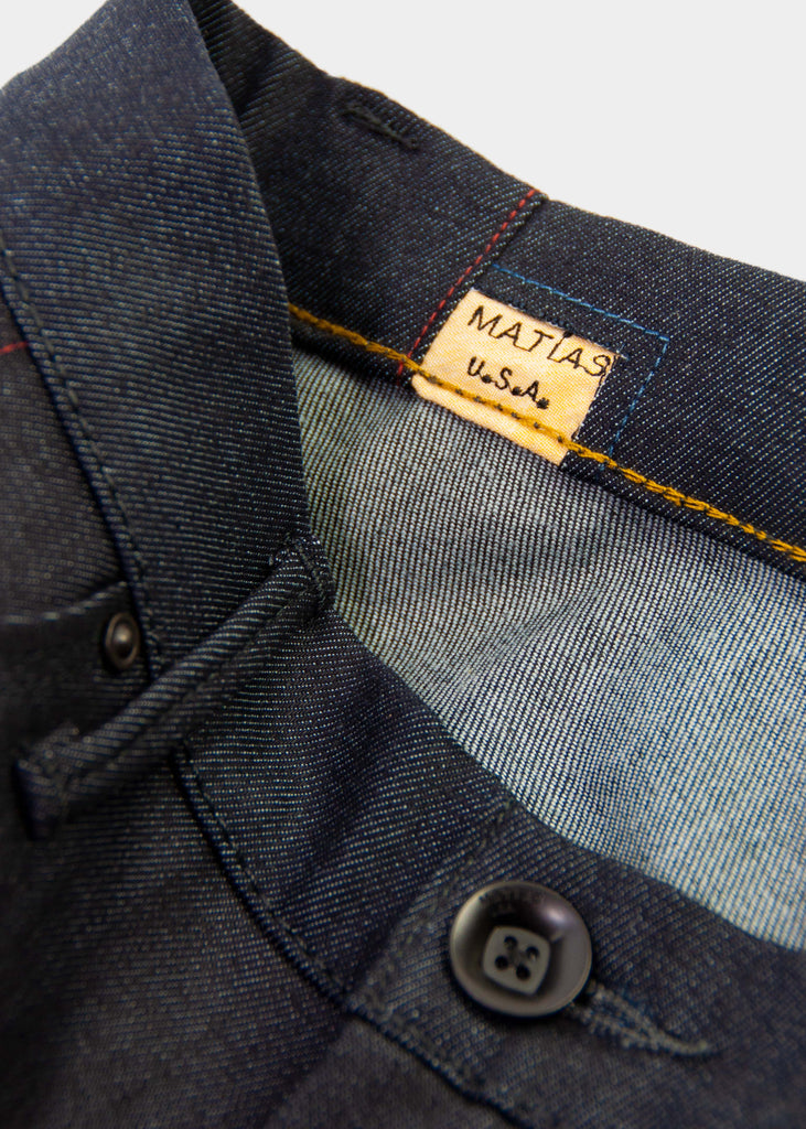 "Think of it as a great start to a “new-vintage” pair of jeans...I digress.. they’re fu*ing cool and unlike anything else you’ll ever find." A more classic fit from an avant-garde designer, this jean has all of the nuanced detailing that you crave from Matias. These jeans are anything but ordinary, the piece that you will obsess over for years to come!

Mid rise
Slim taper. Not skinny.
11oz indigo warp with a natural weft Candiani 98% cotton ; 2% elastane
Resin coated
Unwashed
14.5" L