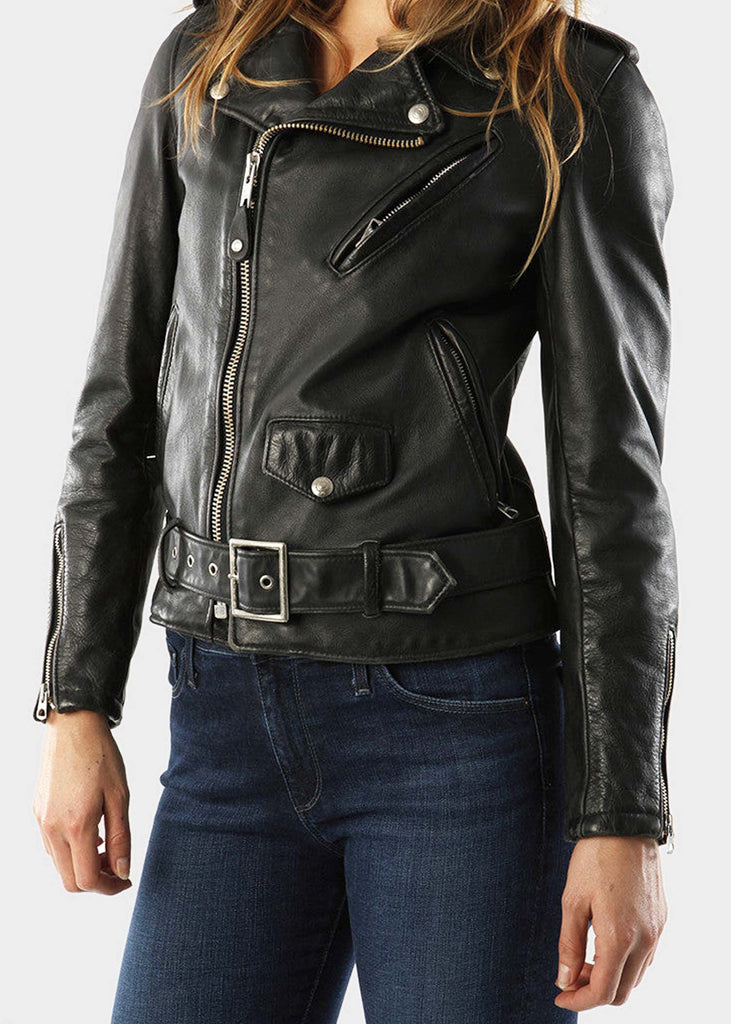 This women's Schott Perfecto features a boyfriend fit with a 22.5" vintage cowhide that has three zippered pockets in the front with a snap down collar and lapels and the signature Perfect belt buckle closure.

Washed Cowhide
Satin Lining
Traditional Schott Perfecto detailing
Union Made in USA