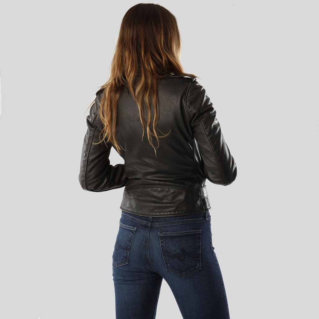 This women's Schott Perfecto features a boyfriend fit with a 22.5" vintage cowhide that has three zippered pockets in the front with a snap down collar and lapels and the signature Perfect belt buckle closure.

Washed Cowhide
Satin Lining
Traditional Schott Perfecto detailing
Union Made in USA