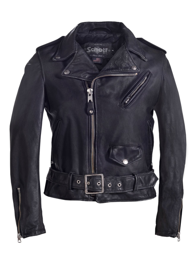 This women's Schott Perfecto features a boyfriend fit with a 22.5" vintage cowhide that has three zippered pockets in the front with a snap down collar and lapels and the signature Perfect belt buckle closure.

Washed Cowhide
Satin Lining
Traditional Schott Perfecto detailing
Union Made in USA