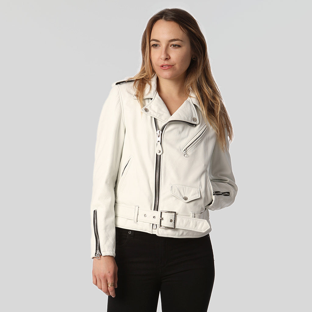 This women's Schott Perfecto features a boyfriend fit with a 22.5" vintage cowhide that has three zippered pockets in the front with a snap down collar and lapels and the signature Perfect belt buckle closure.

Washed Cowhide
Satin Lining
Traditional Schott Perfecto detailing
Union Made in USA