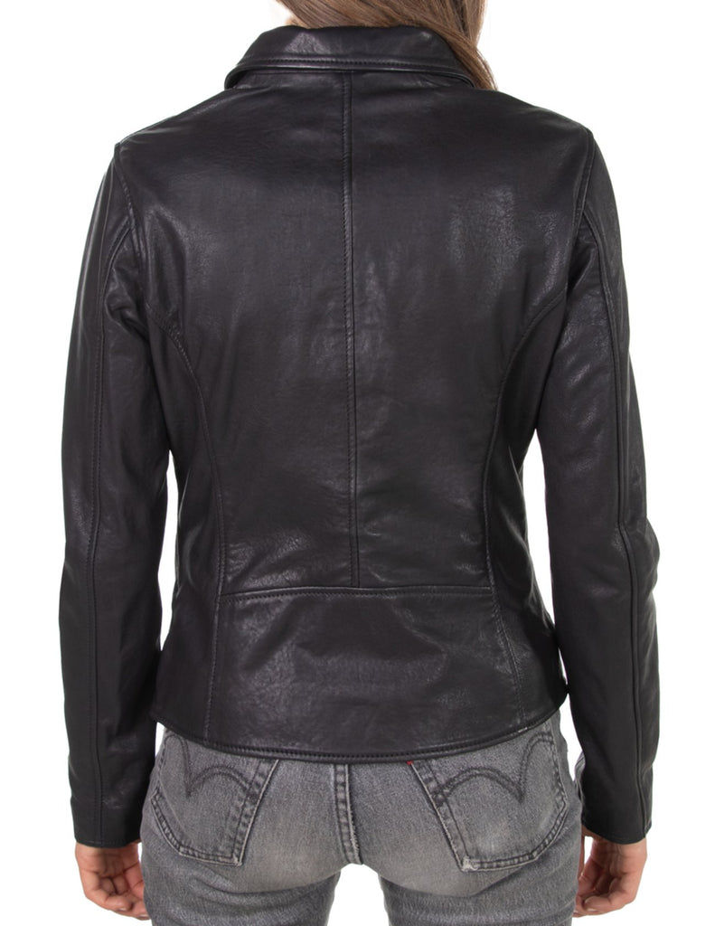 A time honored style that is always stylish. This women's Schott classic leather jacket features two zippered pockets and a front zip closure in tonal matte black metal. Constructed from soft lambskin, this jacket is clean and timeless.

22.5" Length

Two Lower Front Welt Pockets

Two Zipper Chest Pockets

Matte Black Trim

Black Satin Lining

Imported