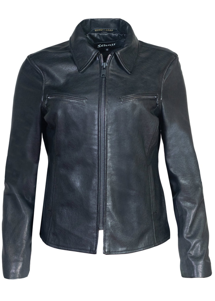 A time honored style that is always stylish. This women's Schott classic leather jacket features two zippered pockets and a front zip closure in tonal matte black metal. Constructed from soft lambskin, this jacket is clean and timeless.

22.5" Length

Two Lower Front Welt Pockets

Two Zipper Chest Pockets

Matte Black Trim

Black Satin Lining

Imported